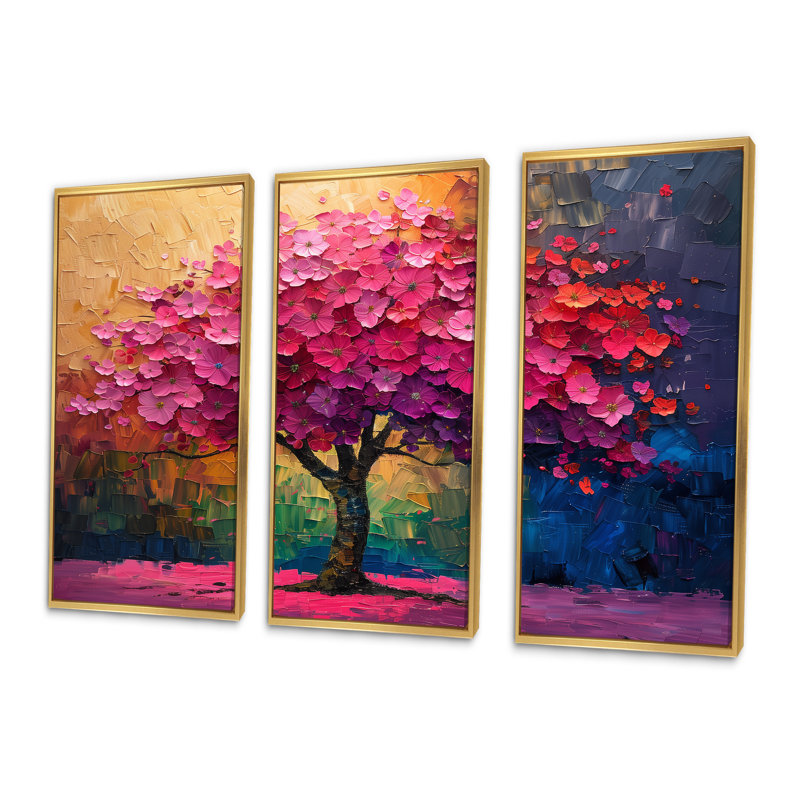 Pink Blue Vibrant Cherry Tree Of Life I - Cherry Blossom Wall Art Living Room Set, Toile avec cadre flottant or