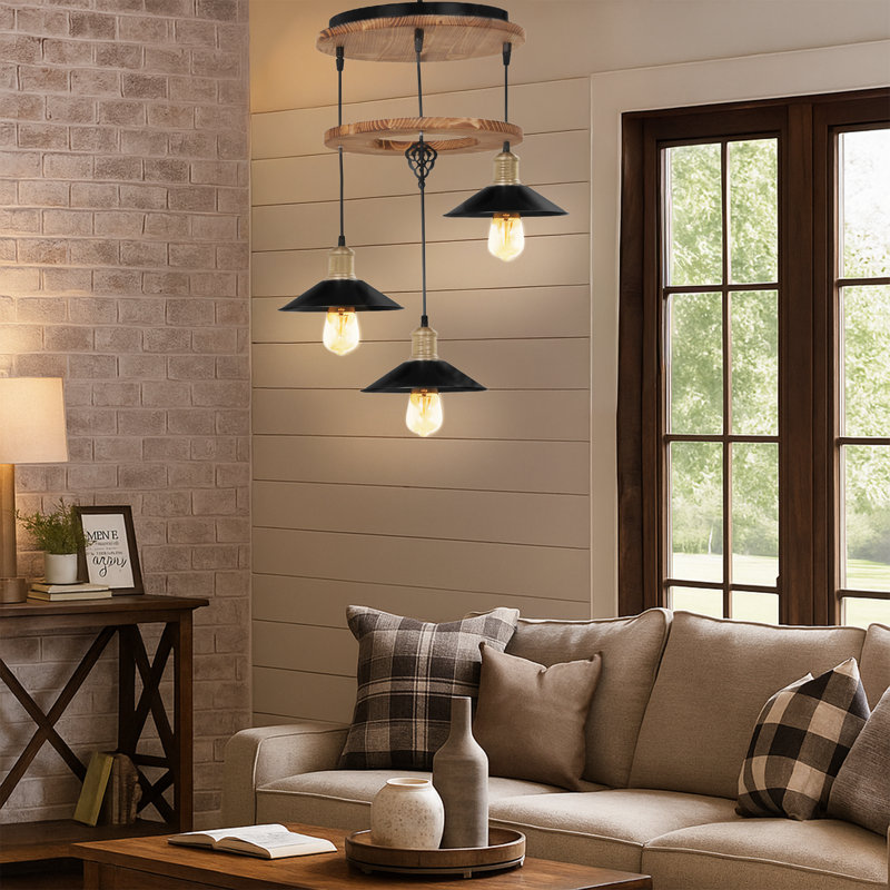 Luminaire suspendu 3 lumières 2 niveaux, Brun