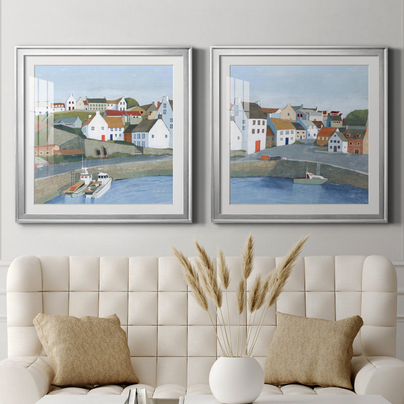 Ensemble de 2 cadres photo Old Coast Town I Old Coast Town I, H 30,5 po x l 61 po x P 1,5 po, Papier avec cadre argenté