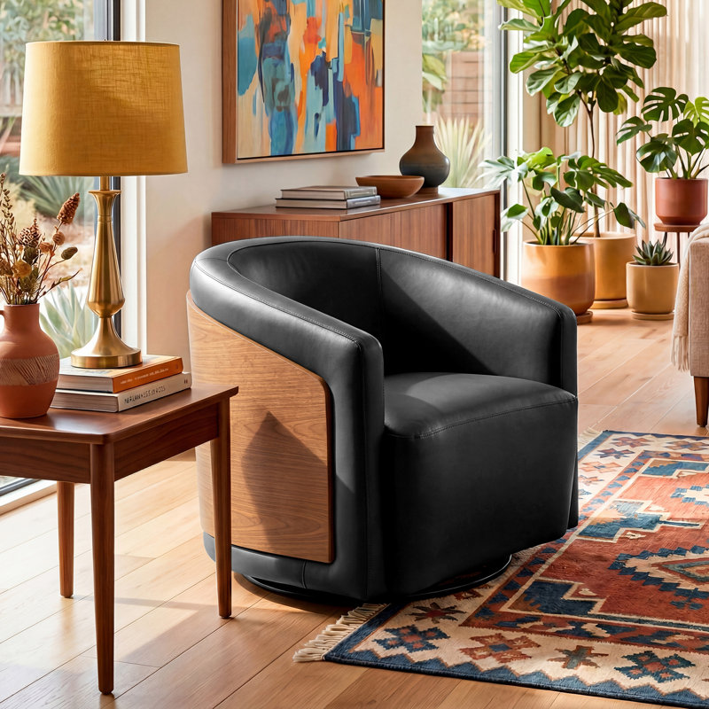 Delwood Faux Leather Modern & Comfort Swivel Barrel Chair, Black