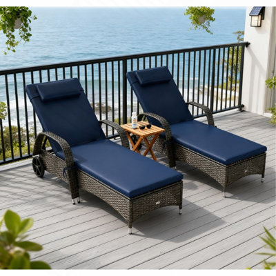 Chaises roulantes d'extérieur, 2 chaises longues inclinables, avec coussin, coussin, appui-tête, accoudoirs et roues