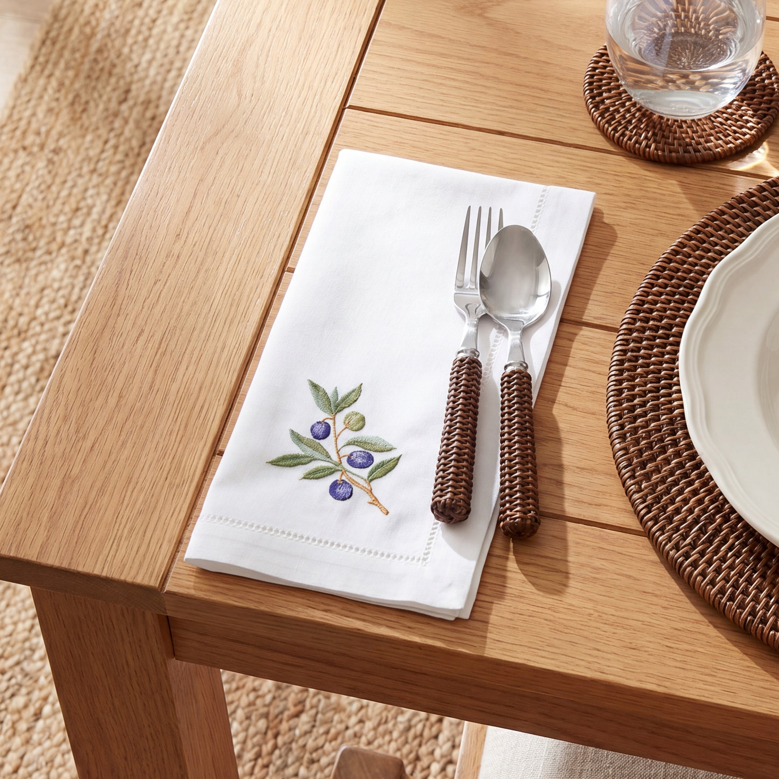 Embroidered Olive Cotton Napkin