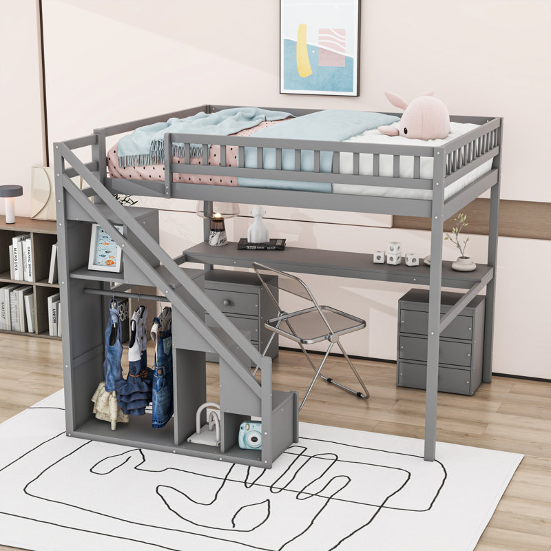Lit mezzanine avec bureau, tiroirs de rangement, bande lumineuse à DEL et escalier latéral, gris, Double