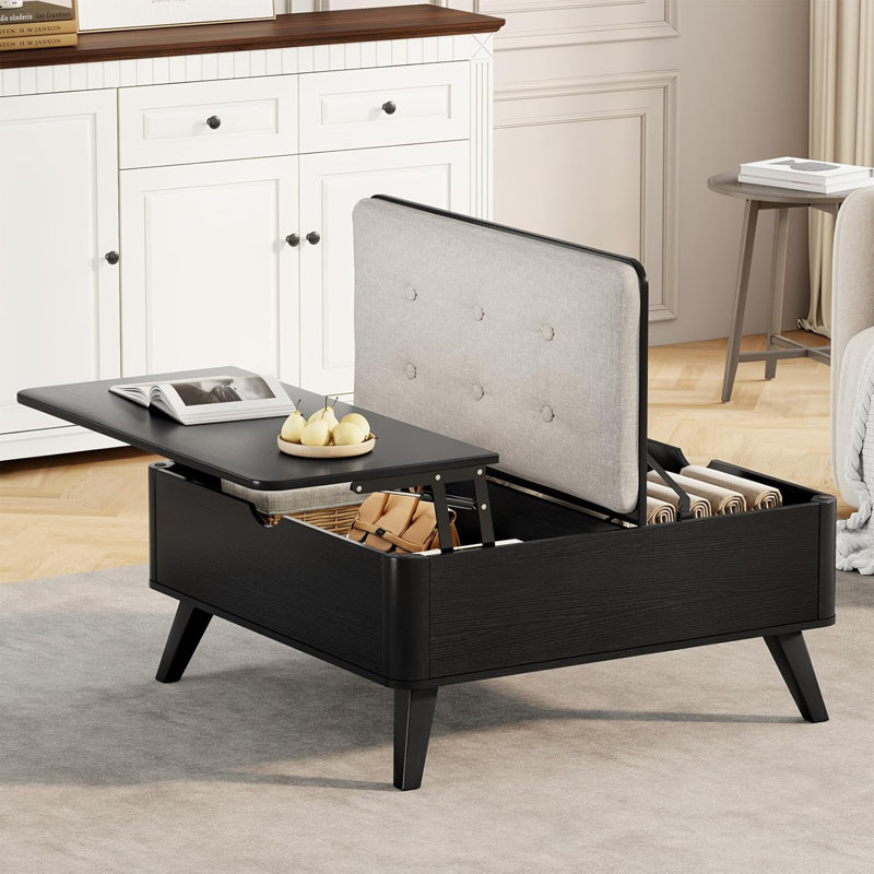 Table basse carrée en bois à plateau relevable avec rangement Table basse avec coussin épaissi, Noir