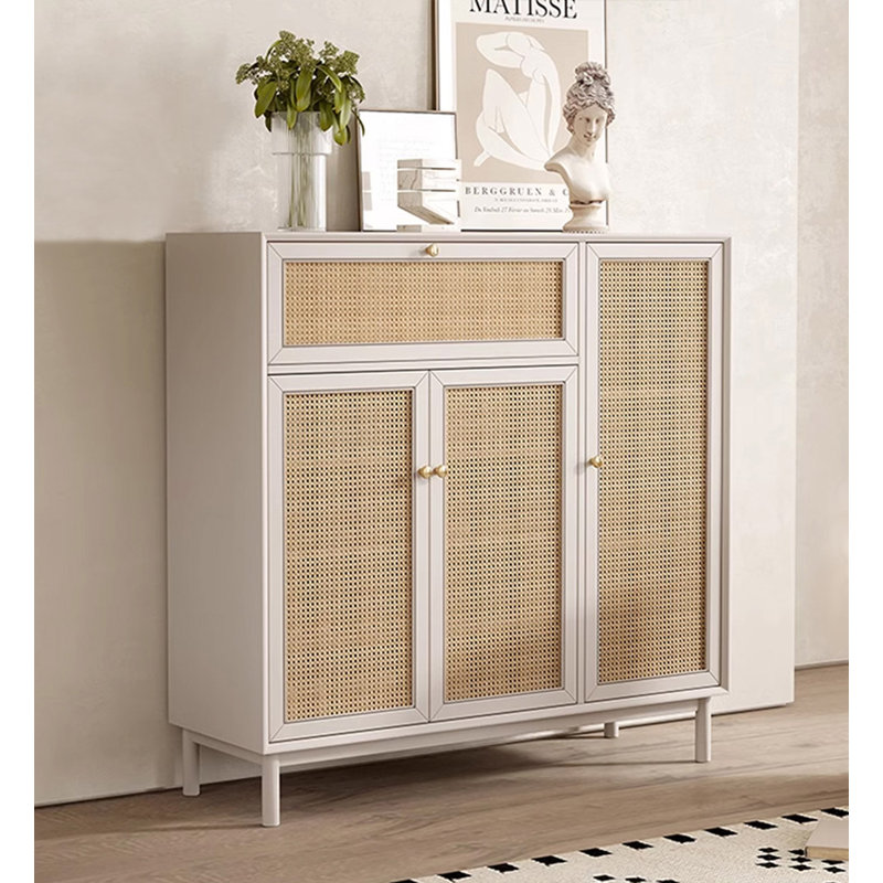 French-Style Wicker-Weave Solid Oak Shoe Cabinet, White