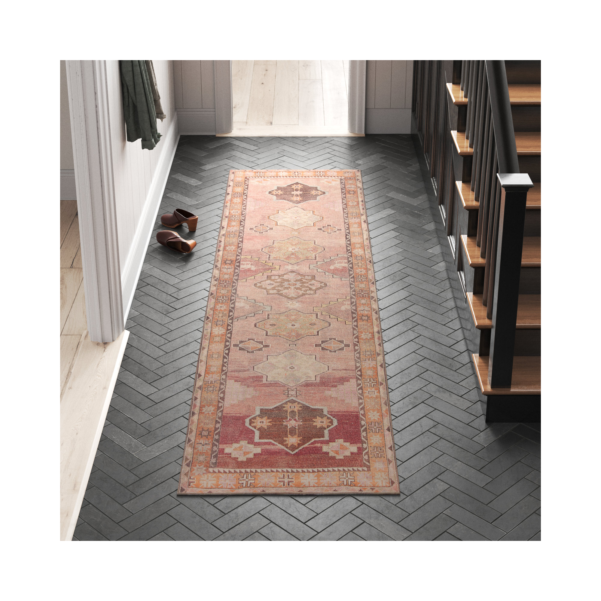 Debary Machine Washable Performance Orange/Pink/Brown Rug, Runner 3' x 8'