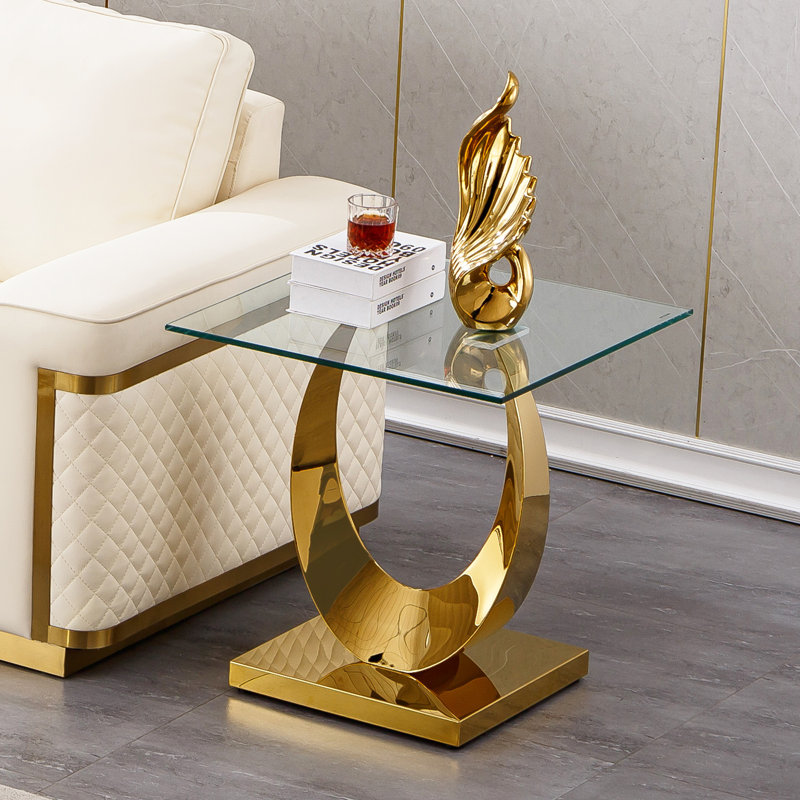 Luxury Square End Table, 22.8" Sofa Side Table with Moon-Shape Stainless Steel Frame and Clear Glass Top, Cocktail Tea Table, Modern Glass End Table for Home Office