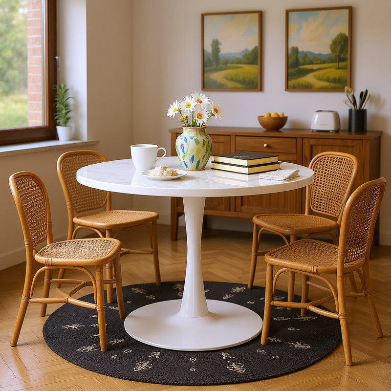 Indars Round Metal Base Dining Table, White, 28.74" H x 31.5" W x 31.5" L