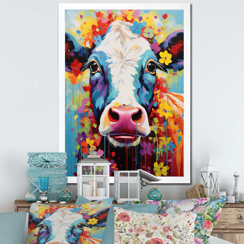 Vache fantaisie - art mural, H 40 po x l 30 po x P 1,5 po, Cadre simple blanc