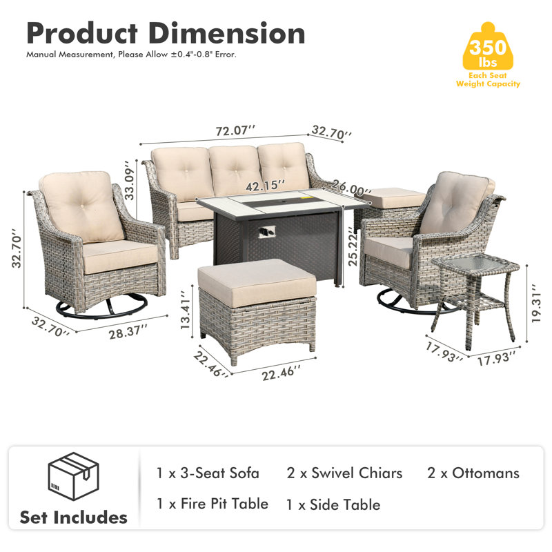 Daliya 7 - Person Outdoor Wicker Patio Conversation Furniture Set With Fire Pit Table And Swivel Rocking Chairs, Beige