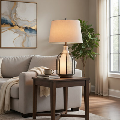 Lampe de table, abat-jour en lin avoine, verre blanc givré avec filet noir