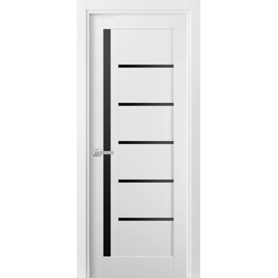 Porte intérieure française pré-montée Quadro 4588 Blanc Soie avec vitrage noir, panneau simple, cadre et poignées inclus, idéale pour salle de bain ou chambre. Porte robuste - 81 cm x 203 cm - vitrage noir