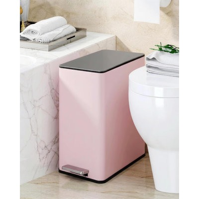 Poubelle en acier inoxydable de 4 gallons avec couvercle à fermeture en douceur, poubelle de salle de bain et de cuisine à pédale, conception compacte et mince avec seau intérieur amovible pour le bureau et le salon - rose