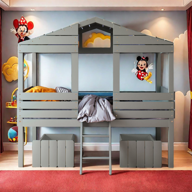 Lit mezzanine simple avec tiroirs Alecha Kids, Gris
