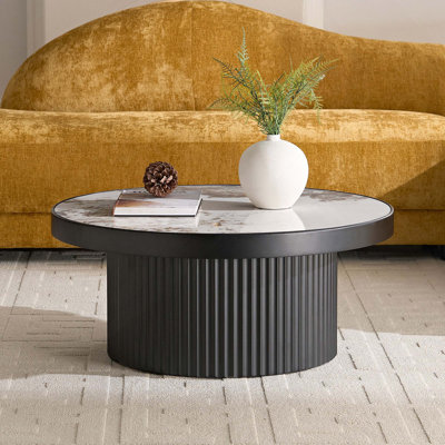 Ensemble de 2 tables basses, table basse ronde en panneau de fibres à densité moyenne avec plateau en pierre frittée pour salon, appartement et espace de loisirs