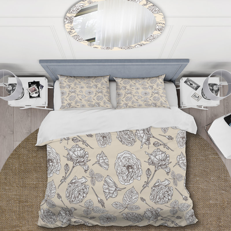 Beige floral - Ensemble de housse de couette floral - Polyester microfibre