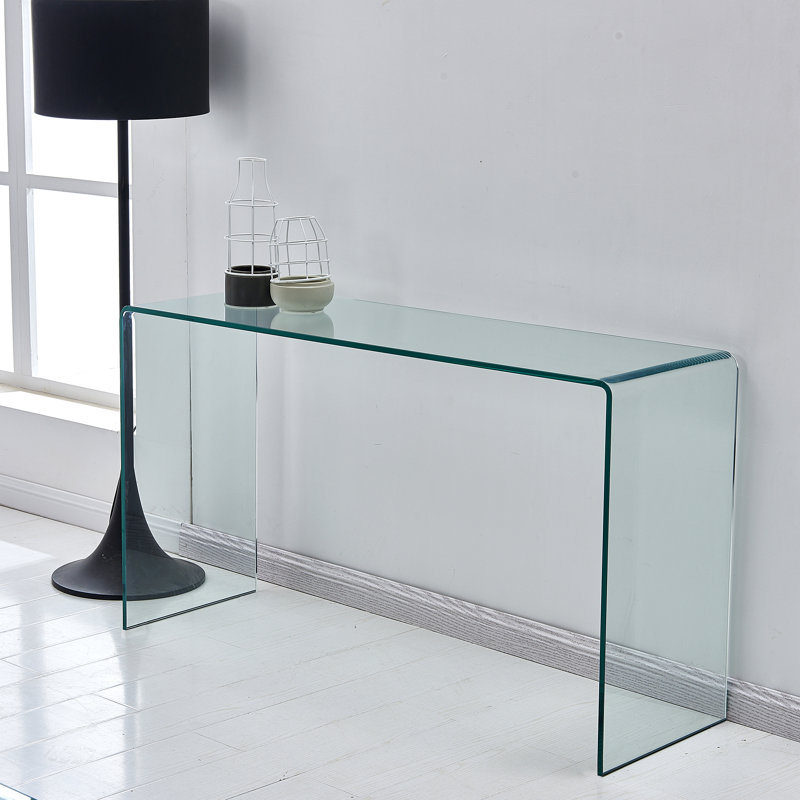 Console en verre, console en verre trempé transparent avec bureaux à bords arrondis, table de canapé