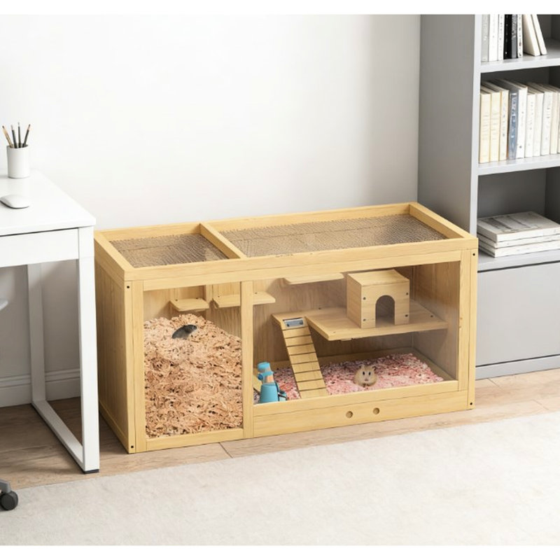 Big Hamster Cage With Multi - Level Structure, Seesaws, , Water Bottle And Hut, Made Of Stable Wood, Openable Top For Petting Layered Platforms,