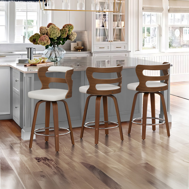 Mundrae Swivel Solid and Manufactured Wood Barstool (Set of 3) , White/Walnut