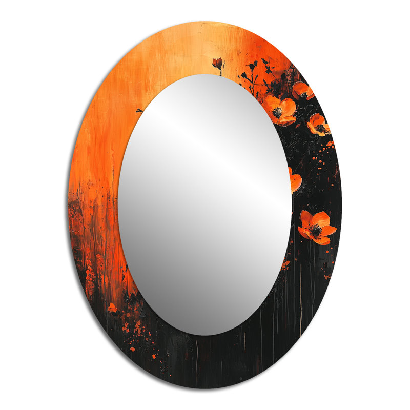 Burning Wildflowers In Orange Expressionism I - Grand miroir mural ovale sur métal, 40 po x 30 po