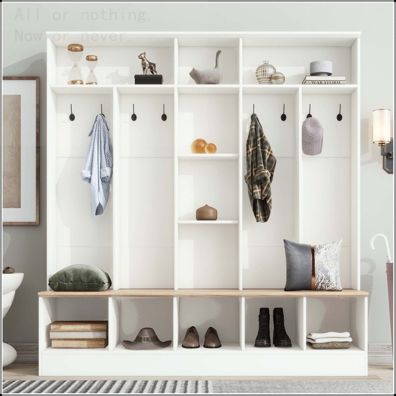 4-in-1 Wide Hall Tree with Cube Storage and 8 Hooks, White
