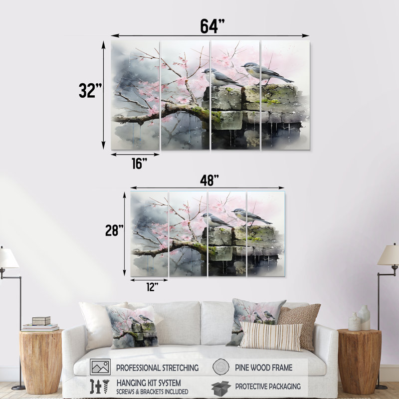 «Gray and Pink Spring Songbirds Blooms - Landscape», ensemble d'art mural 4 pièces, H 32 po x l 64 po