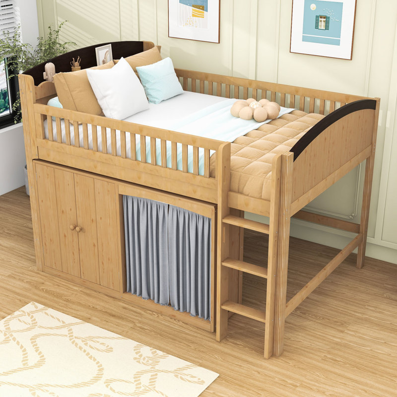 Loft Bed with Cabinet, Wardrobe and LED, Full, Wood/Espresso