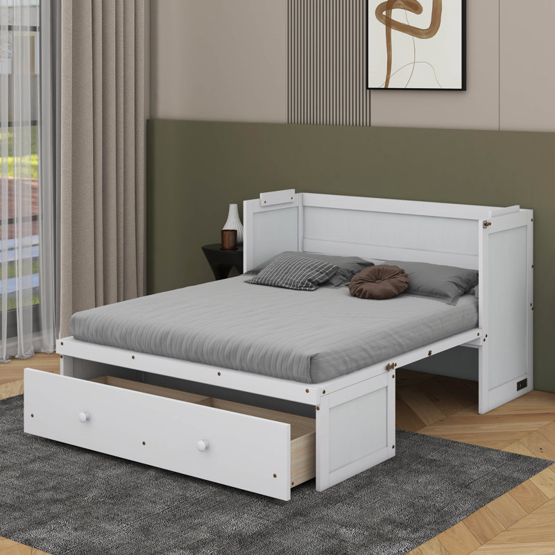 Lit escamotable double avec port USB et tiroir, Blanc, Full / Double