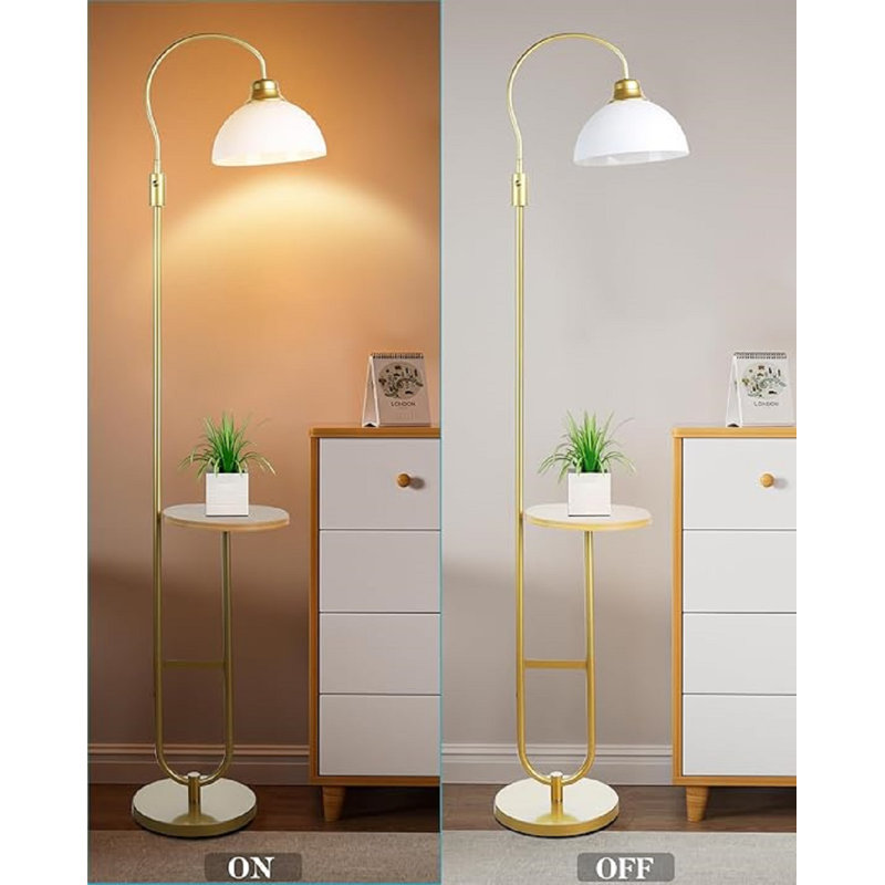 Gold Adjustable Floor Lamp with White Acrylic Shade and Storage Shelf