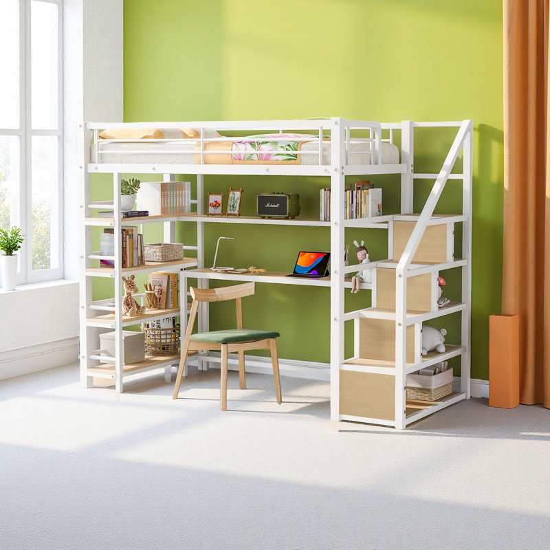 Lit mezzanine simple en métal avec escalier, bureau intégré et tablettes de rangement