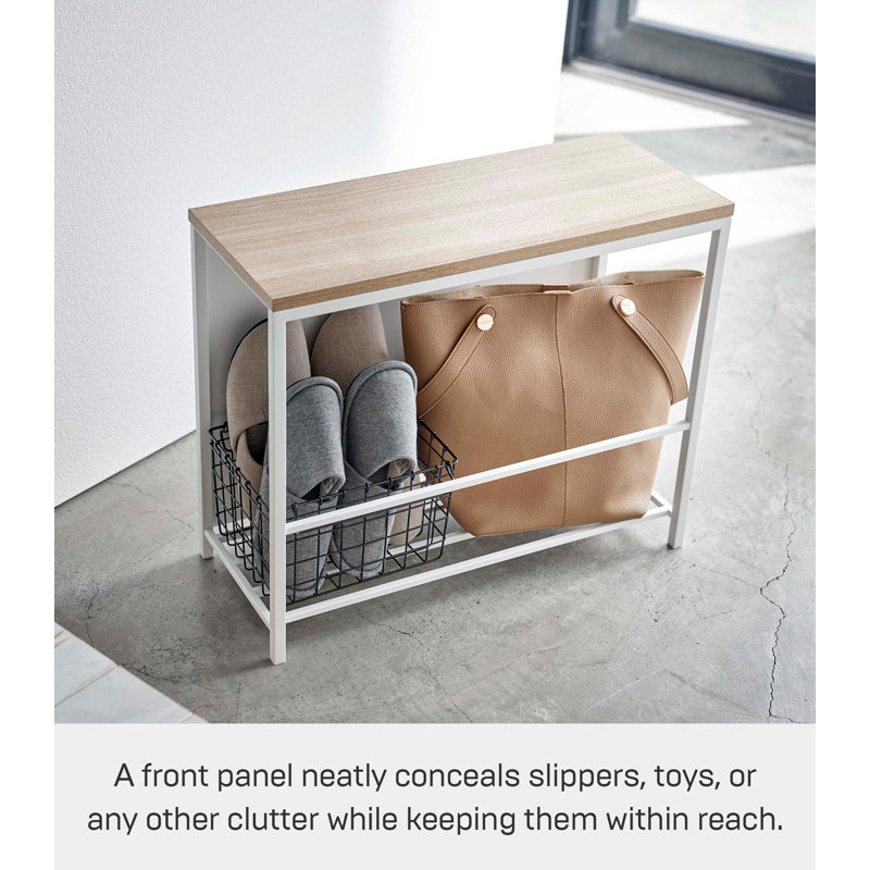White Steel and Wood Entryway Storage Bench with Concealed Shelf