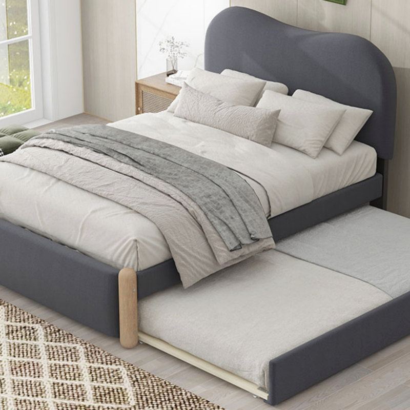 Lit plateforme tapissier avec pieds de support en bois et lit gigogne simple, Gris, Lit simple