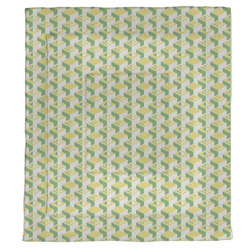 Édredon simple réversible en microfibre à motif de gratte-ciels à deux couleurs, Édredon très grand, Vert / jaune géométrique