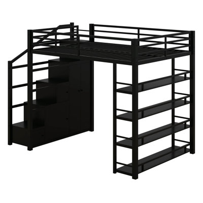 Full Size Metal Loft Bed With Storage Shelves, Cabinets And Wardrobe, Loft Bed With Guard Rail And Storage Staircase