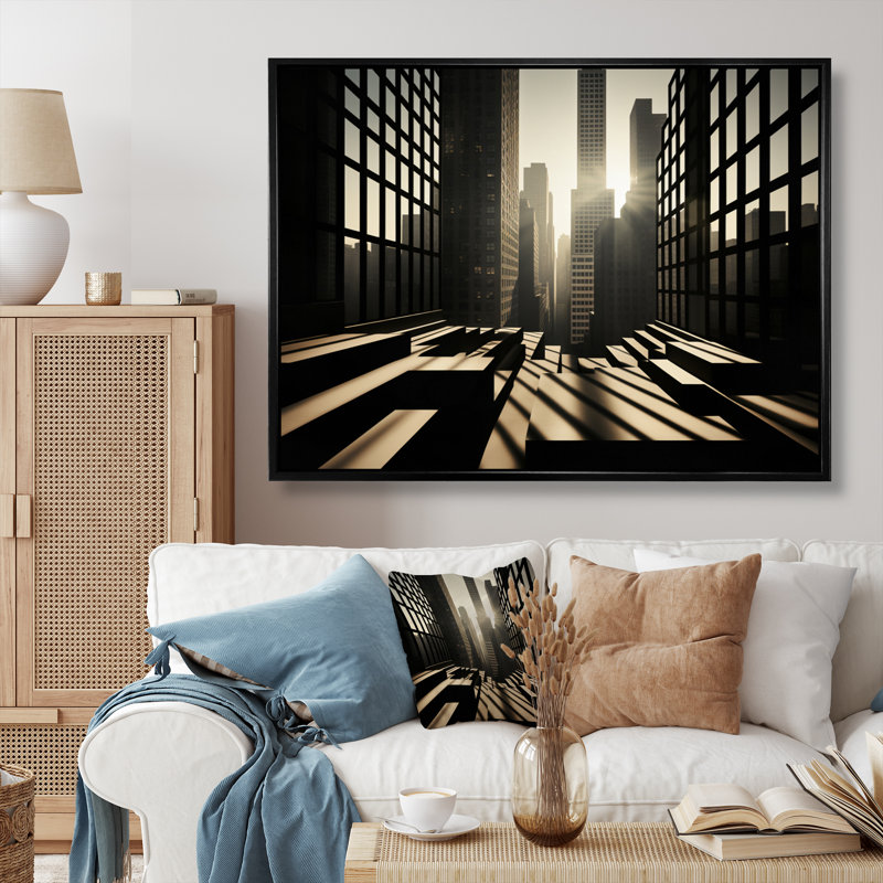 «Skyscrapers Architectural Shadows» sur toile, H 12 po x l 20 po x P 1 po, Cadre flottant noir
