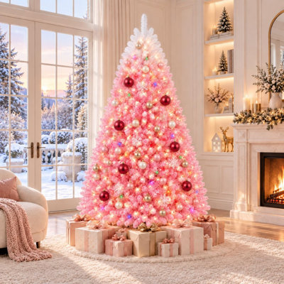 Arbre de Noël artificiel 7,5 pi avec 450 lumières à DEL blanc chaud, arbre de Noël enneigé avec 1180 branches et support en métal, décoration de Noël pour l'intérieur et l'extérieur, dégradé rose