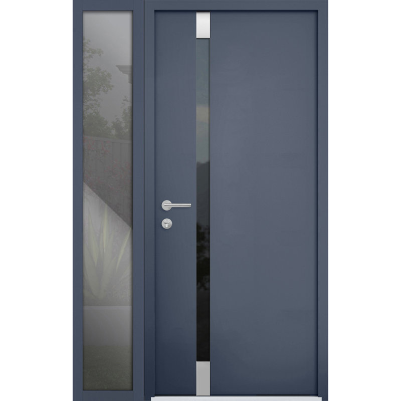 Porte d'entrée extérieure prémontée en acier Cynex 6777, grise, fenêtre latérale extérieure avec inserts en acier inoxydable, style moderne, peinte, largeur 36 + 16 po x hauteur 80 po, ouverture à droite vers l'extérieur