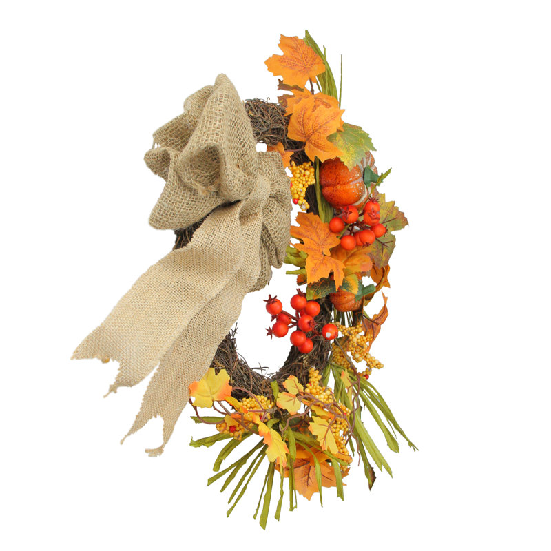 Orange Pumpkins and Berries with Bow Artificial Wreath - 20-Inch Unlit