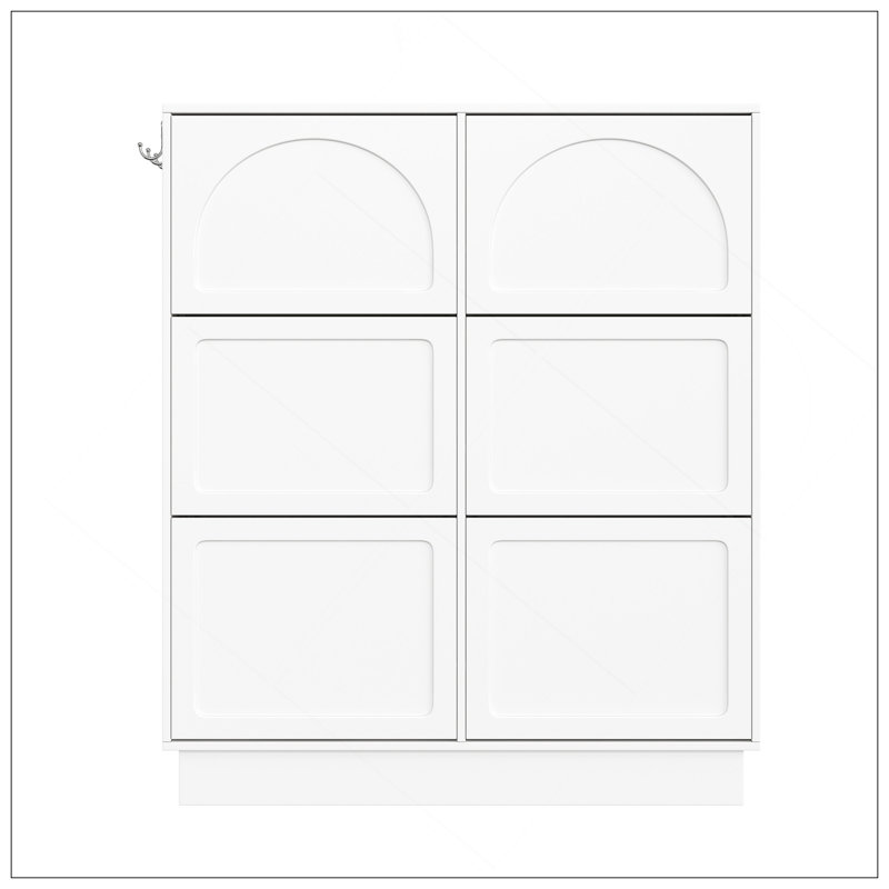 Range-chaussures moderne et élégant avec 6 tiroirs rabattables, conception compacte et élégante, rangement pour hall d'entrée de style crème avec tablette réglable, étagère à chaussures autoportante avec 3 crochets argentés, blanc