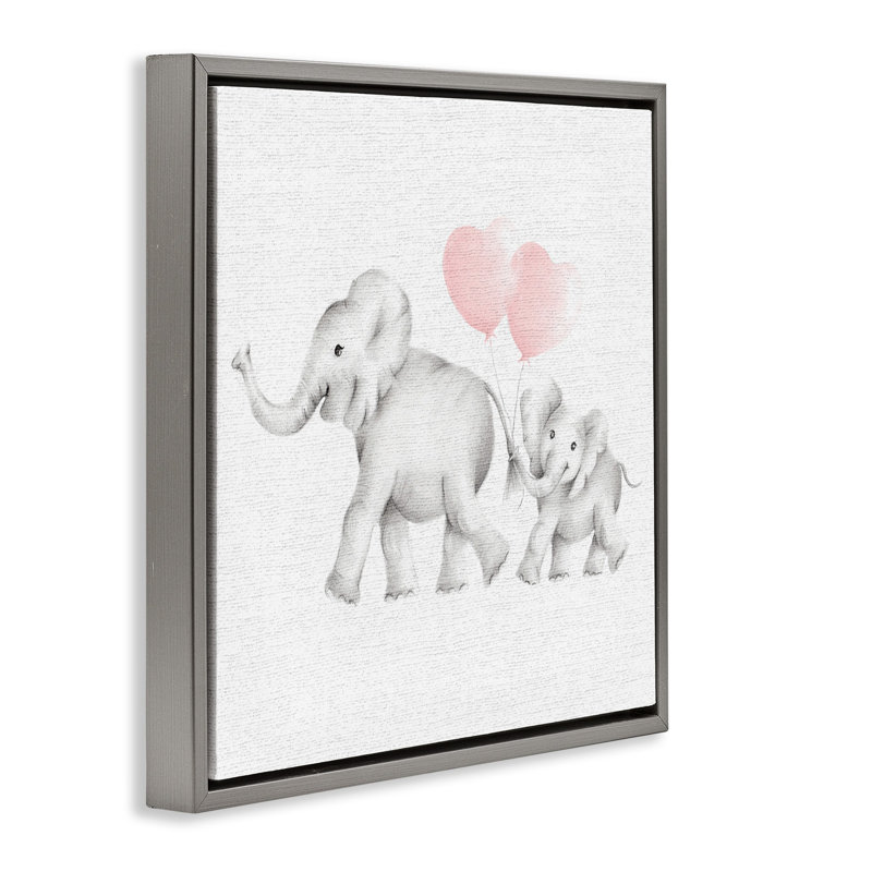 Famille d'éléphants avec des ballons roses, Cadre flottant gris lustré, H 18 po x l 18 po