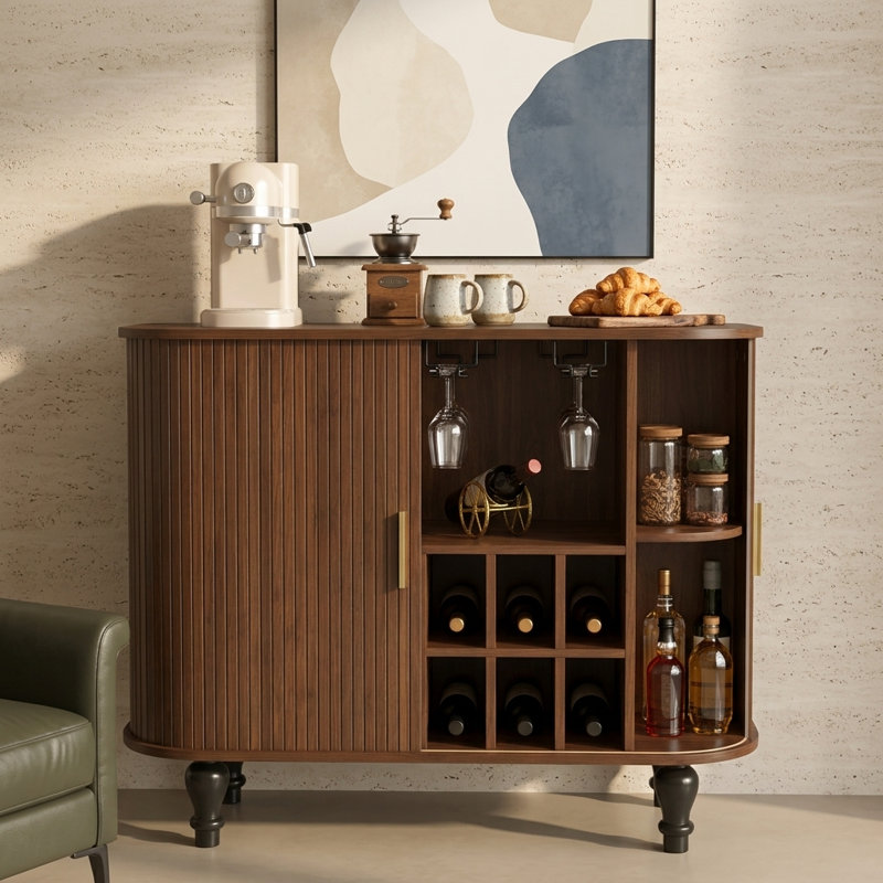 39" Modern Fluted Bar Cabinet with Storage Drawer & Hidden Side Compartments, Walnut