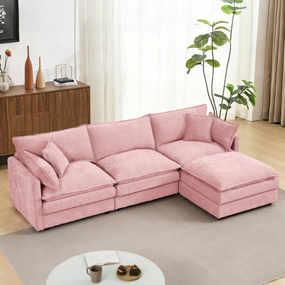 105" Chenille 3 Seater Sofa Couch with Ottoman, Modular Sectional L-Shaped Sleeper Sofa, Comfy Upholstered Modern Deep Seat Cloud Sofas Couches Set for Living Room, Office, Apartment, Studio