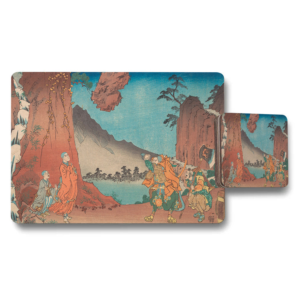 Japanese Ukiyoe Style Placemat and Coaster Set Scenic Mountain Landscape