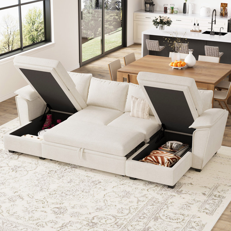 Chenille U-Shaped 4-Seat Storage Sofa King Pull Out Bed Sleeper Livingroom Modular Sectional Sofa Apartment Couch