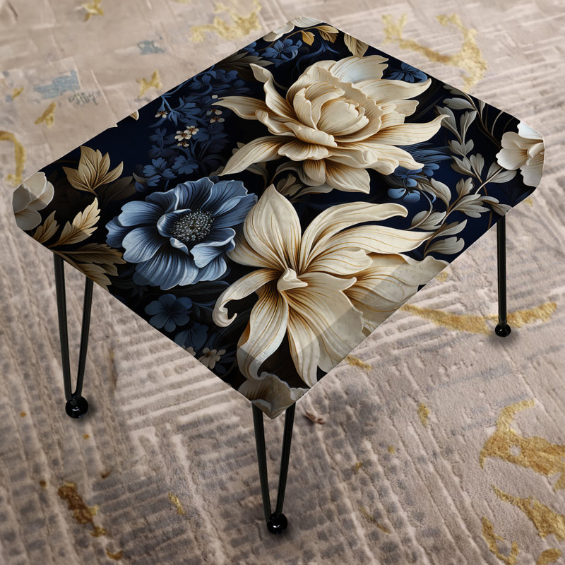 Repose-pieds rectangulaire bleu foncé et blanc profond Daisy Flower III