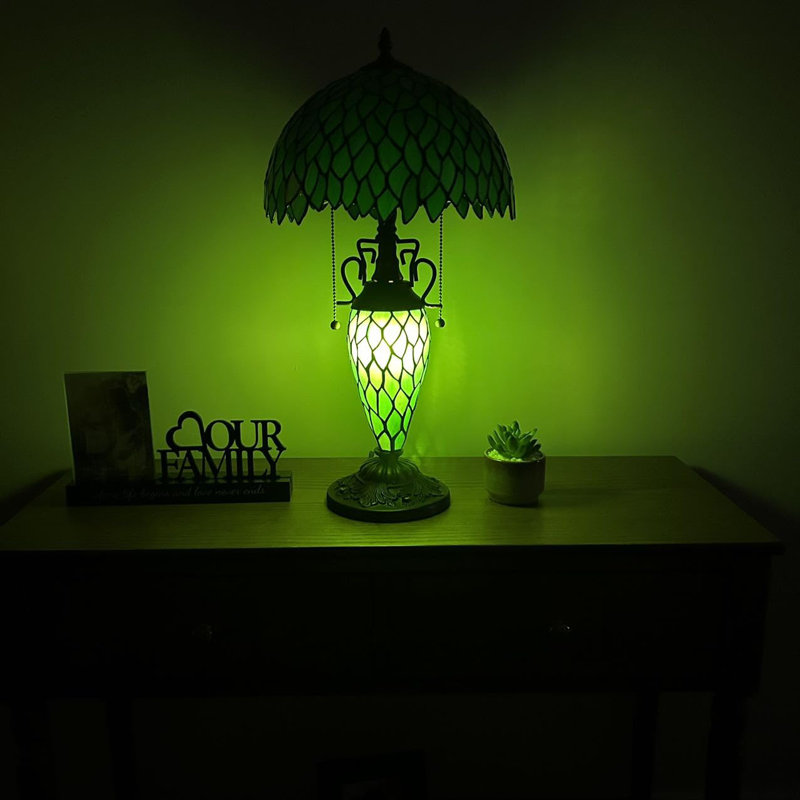 Green Stained Glass Tiffany Table Lamp with Bronze Base, 22" Height