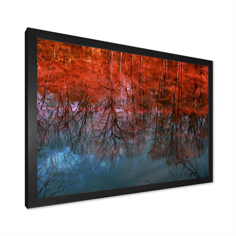 «Red Autumn Artistic Forest By The Lake III», reproduction sur toile, Cadre d'angle fermé noir, H 8 po x l 12 po x P 1 po