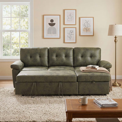 88.5 Inch Convertible L-Shaped Pull-Out Sectional Sofa Bed with Storage Chaise and Soft Padded Armrests