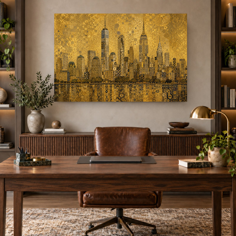 Tableau mural en mosaïque dorée métallisée représentant la ligne d'horizon de New York, H 16 po x l 24 po