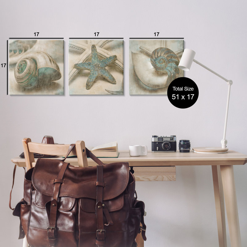 «Star Fish and Sea Shells Distressed Texture Blue Tan Design» par John Seba, ensemble de 3 reproductions d'art graphique